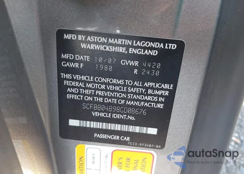 2008 Aston Martin V8 Vantage из США, поврежденный, VIN SCFBB04B98GD08676